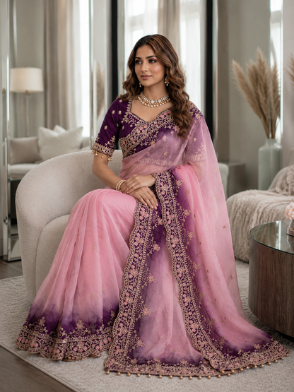 Shipra Embroidered Moss Saree with Sequins Border & Designer Stitched Blouse