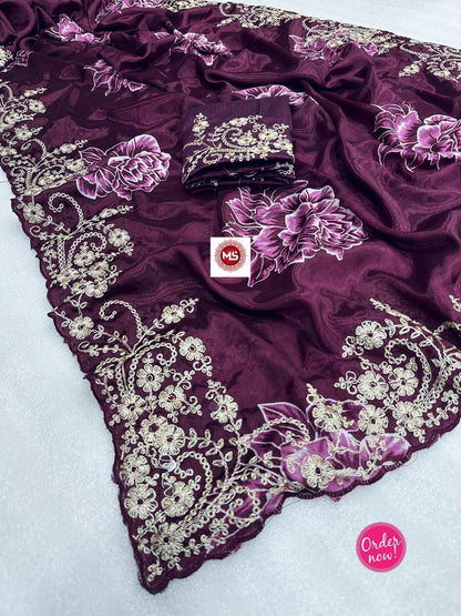 Designer Floral Embroidered Silk Saree with Rich Zari Work