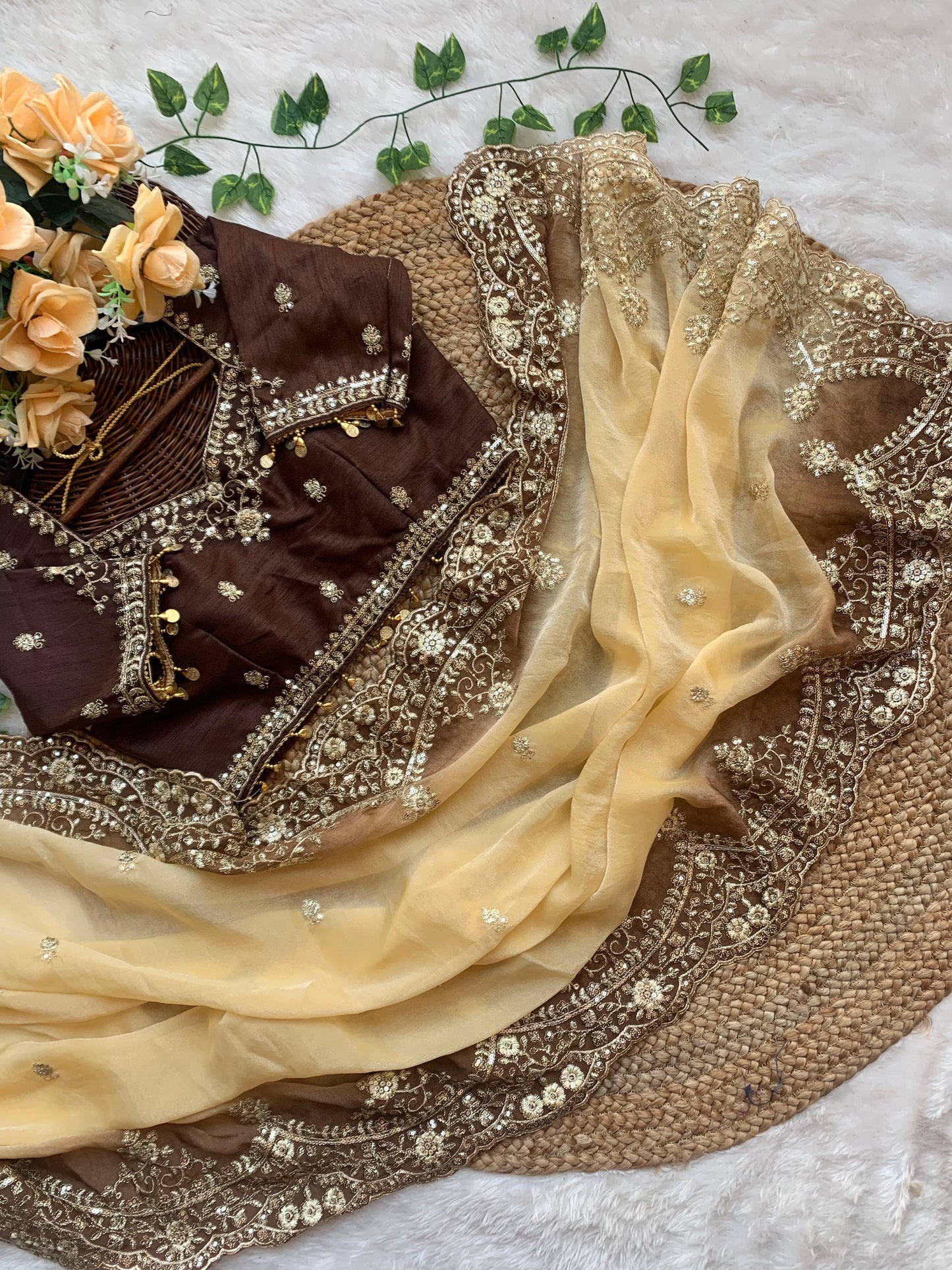 Shipra Embroidered Moss Saree with Sequins Border & Designer Stitched Blouse