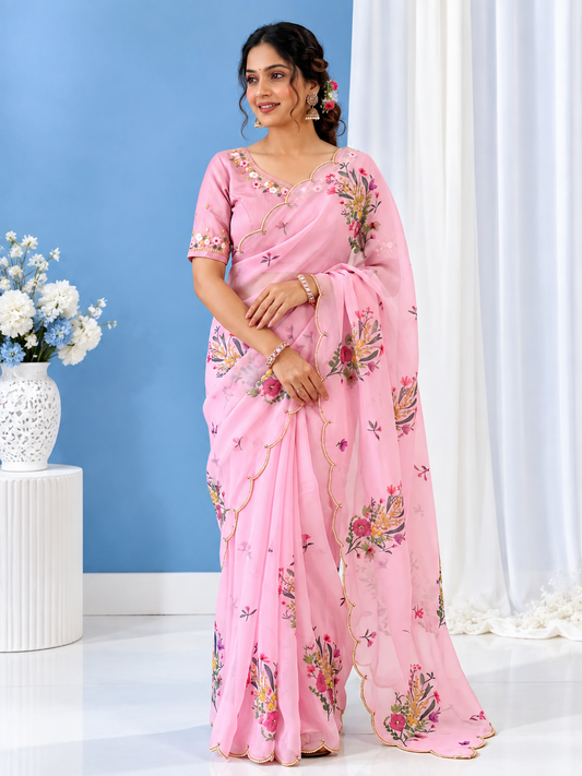 Lily Georgette Silk Saree with Khatli & Cutdana Work and Raw Silk Blouse