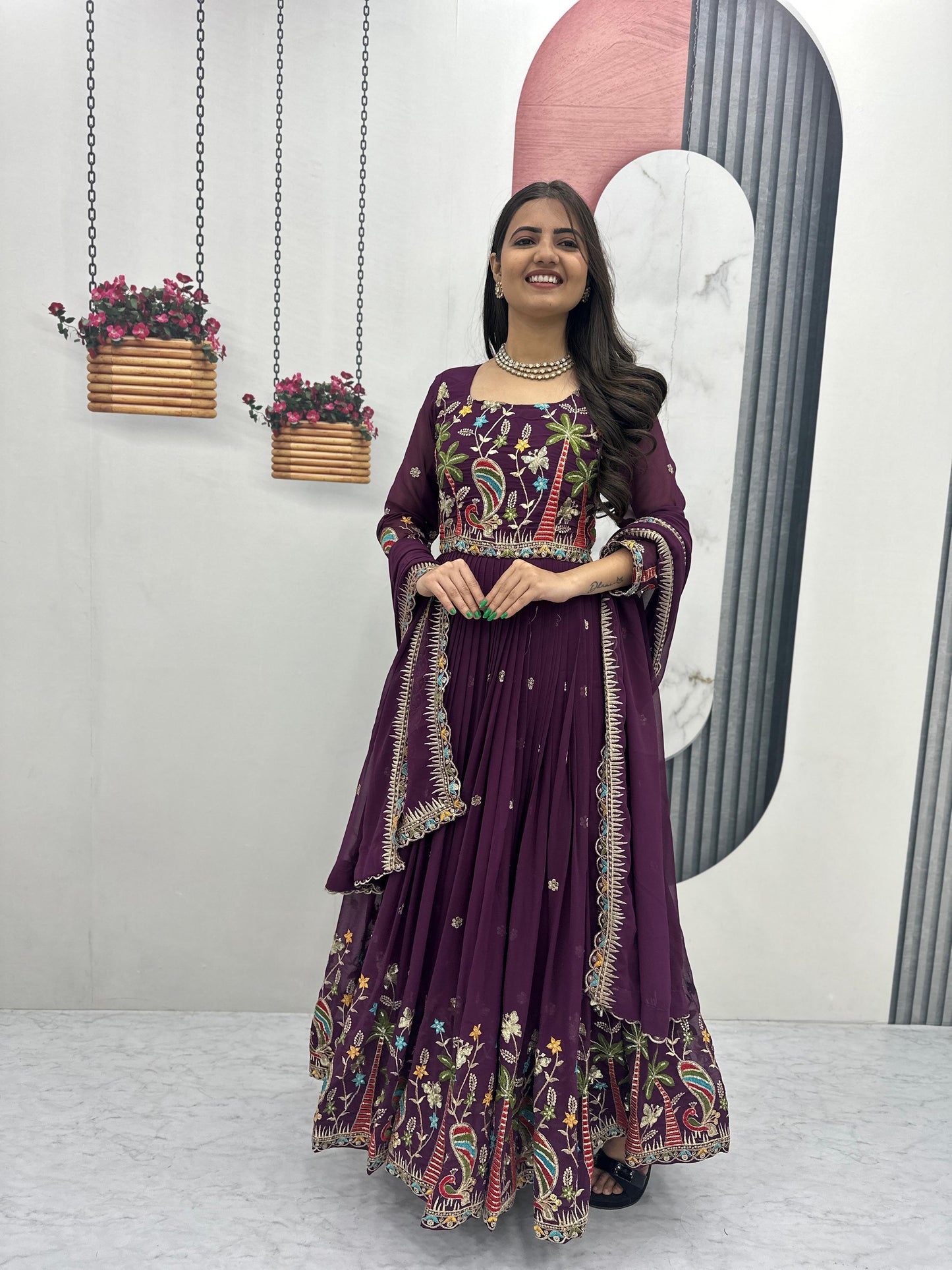 Embroidered Georgette Festive Gown with Dupatta