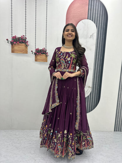 Embroidered Georgette Festive Gown with Dupatta
