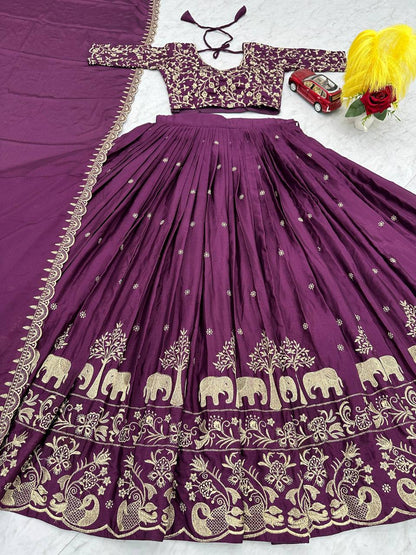 Purple Chinon Embroidered Festival Lehenga Choli Set