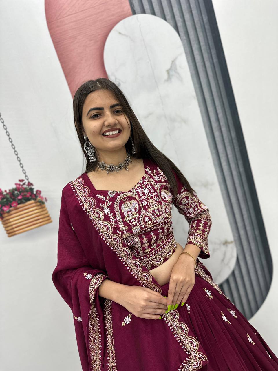 Maroon Heavy Embroidery Vichitra Silk Lehenga Choli