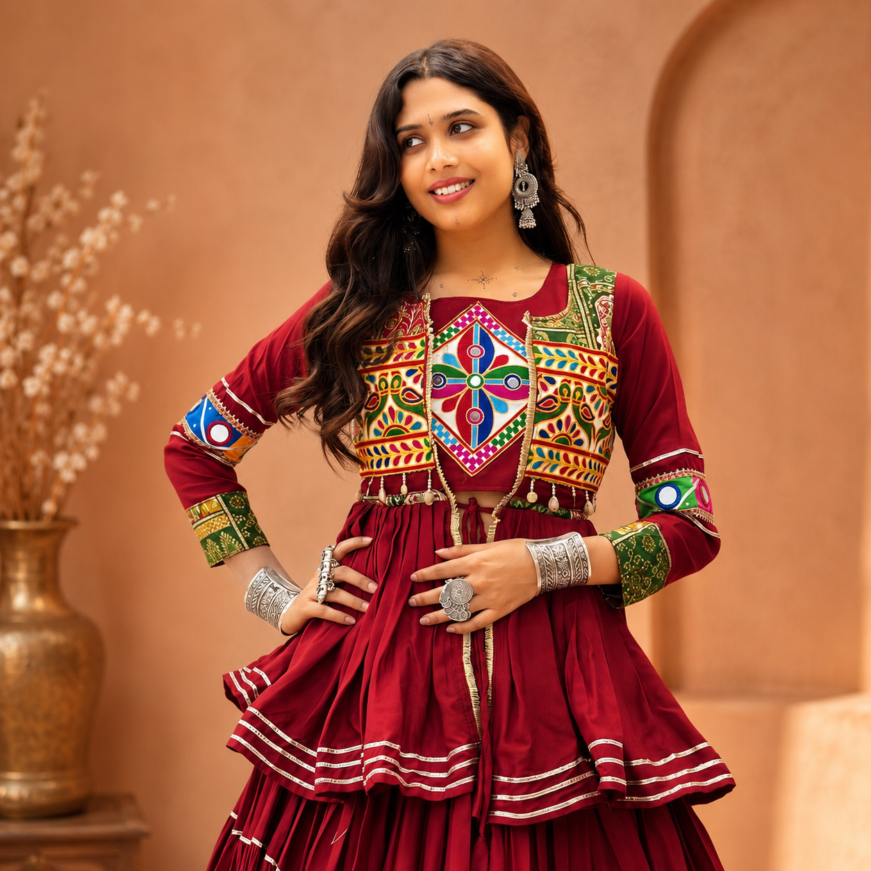 Navratri Gamthi Work Cotton Lehenga Choli with Koti | 9 Meter Flair Mirror Work | Women's Garba Dress