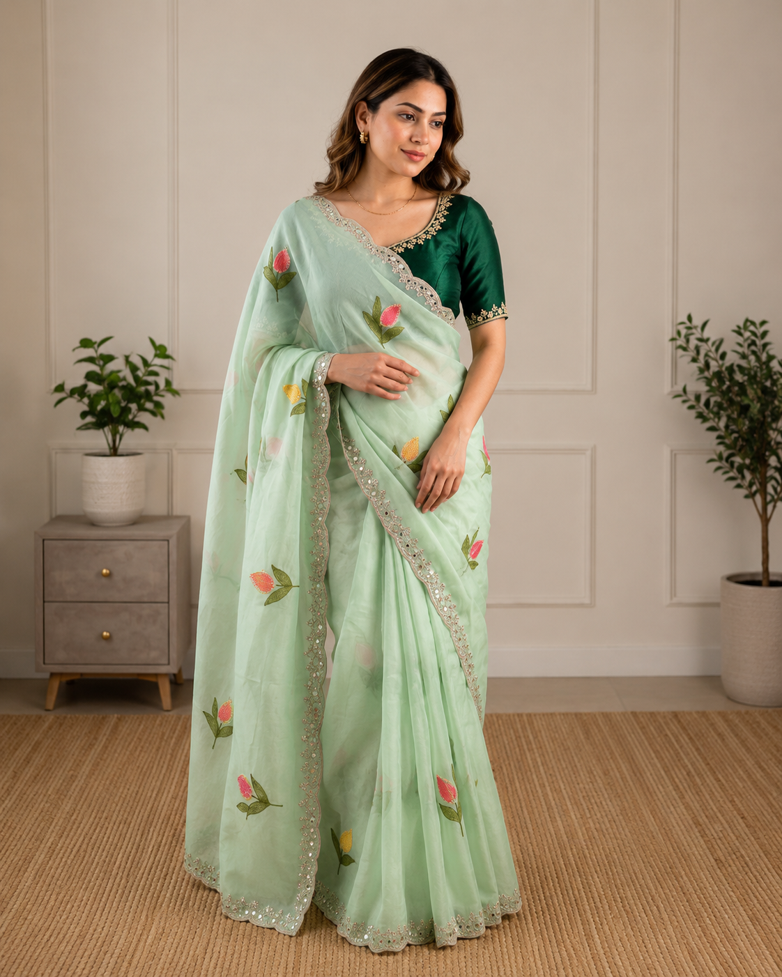 Soft Rangoli Silk Saree With Floral Embroidery & Real Mirror Work Border