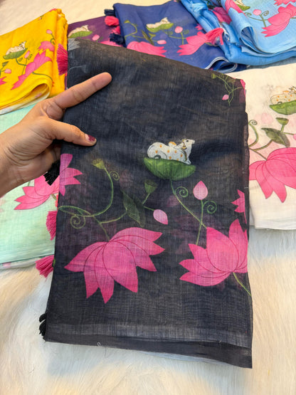 Premium Linen Cotton Floral Print Saree With Tassels & Blouse Piece | Soft Lightweight Daily Wear Saree