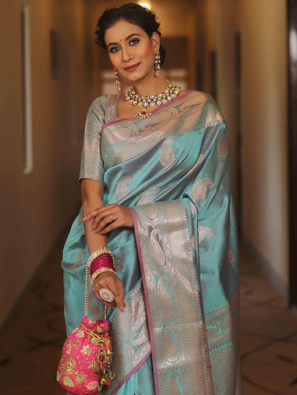 Pure Gold Zari Lichi Silk Saree