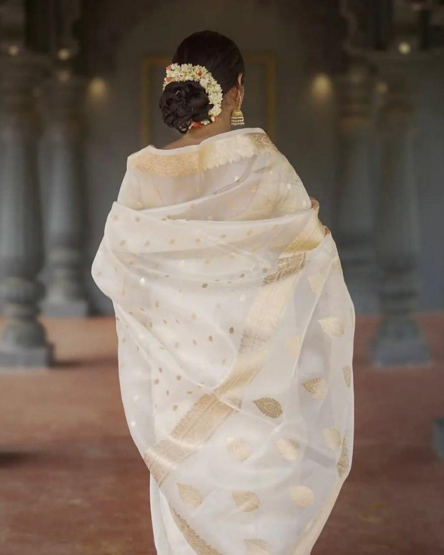 Off White Zari Work Saree