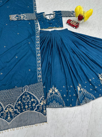 Teal Blue Crepe Silk Embroidered Lehenga Choli Set