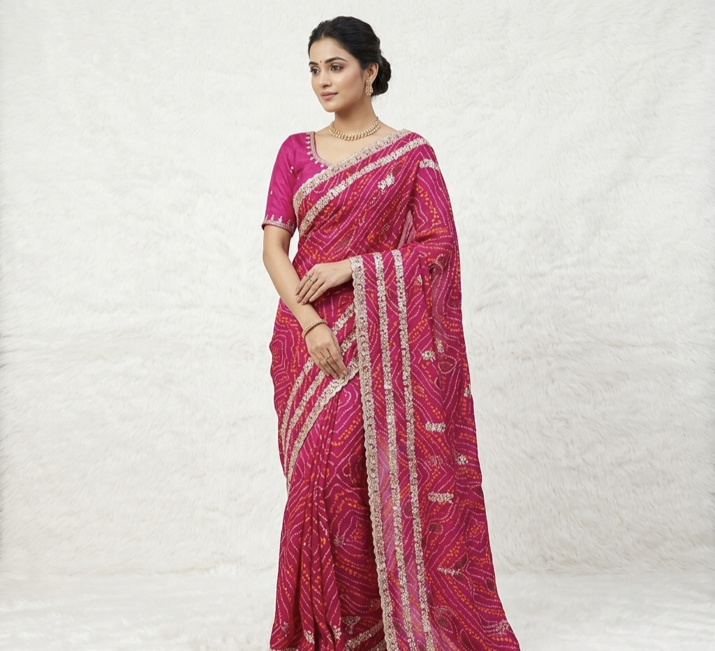 Bandhani Print Saree with Elegant Lace Border – Daily & Festive Wear
