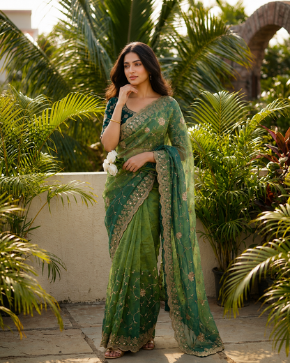 Adhya Fendy Chiffon Two Tone Saree with Embroidery, 3mm Sequence Jari Work & Fully Stitched Blouse | 6 Colors