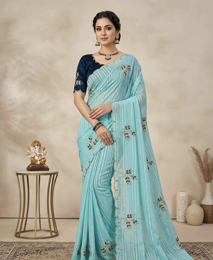 Premium Chiffon Saree with Scalloped Border & Embroidery Work – Elegant Party Wear