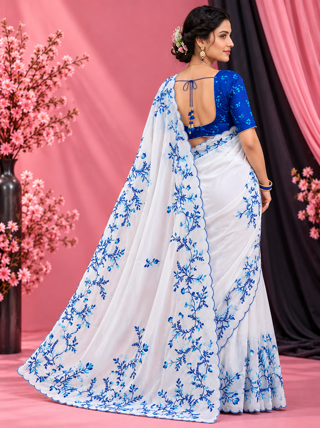 Radhika Teby Silk Saree with Digital Floral Print, Khatli & Cutdana Work