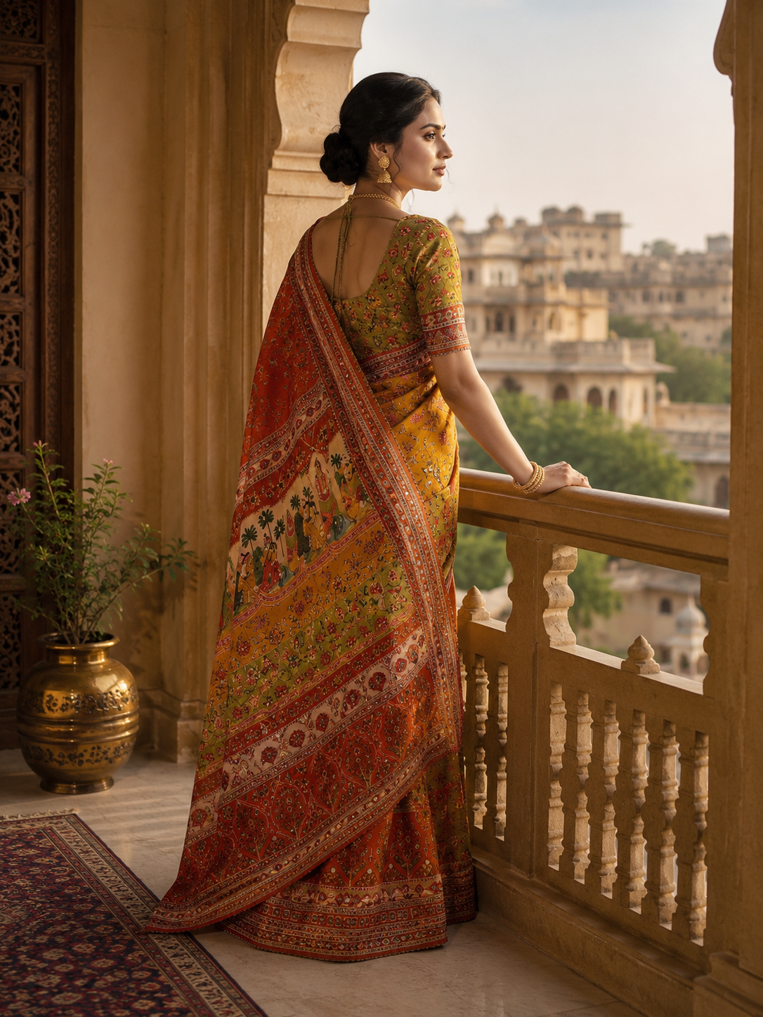 Karigari Soft Chinon Silk Digital Print Saree with Hand Aari Work & 2000+ Real Mirror Work