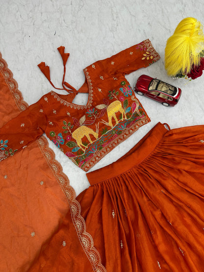 Festival Special Heavy Embroidered Moss Simar Lehenga Choli with Dupatta | Orange & Olive Green