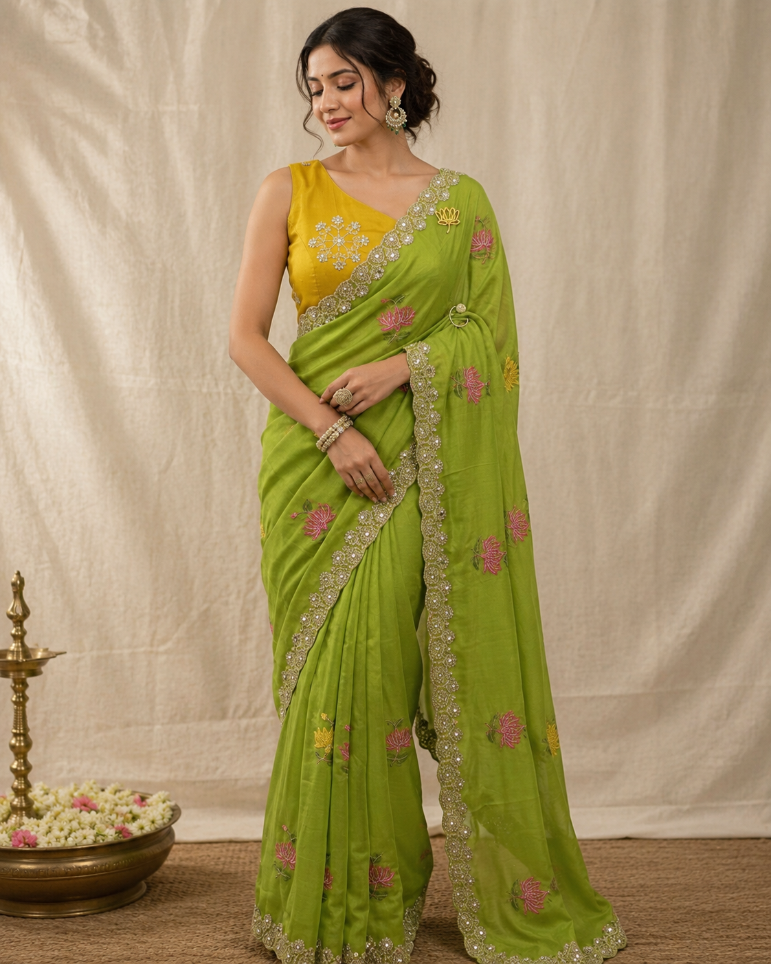 Designer Rangoli Silk Saree With Embroidery Work & Real Mirror Cutwork Border