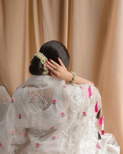 Pure Soft Organza Silk Saree with Lucknowi Embroidery & Silver Zari Work