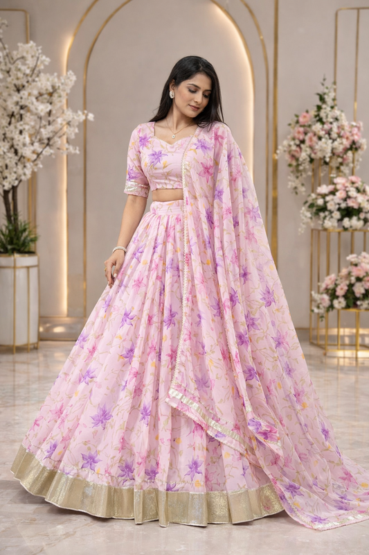 Elegant Floral Tabby Silk Lehenga Set with Dupatta – Premium Party Wear Collection