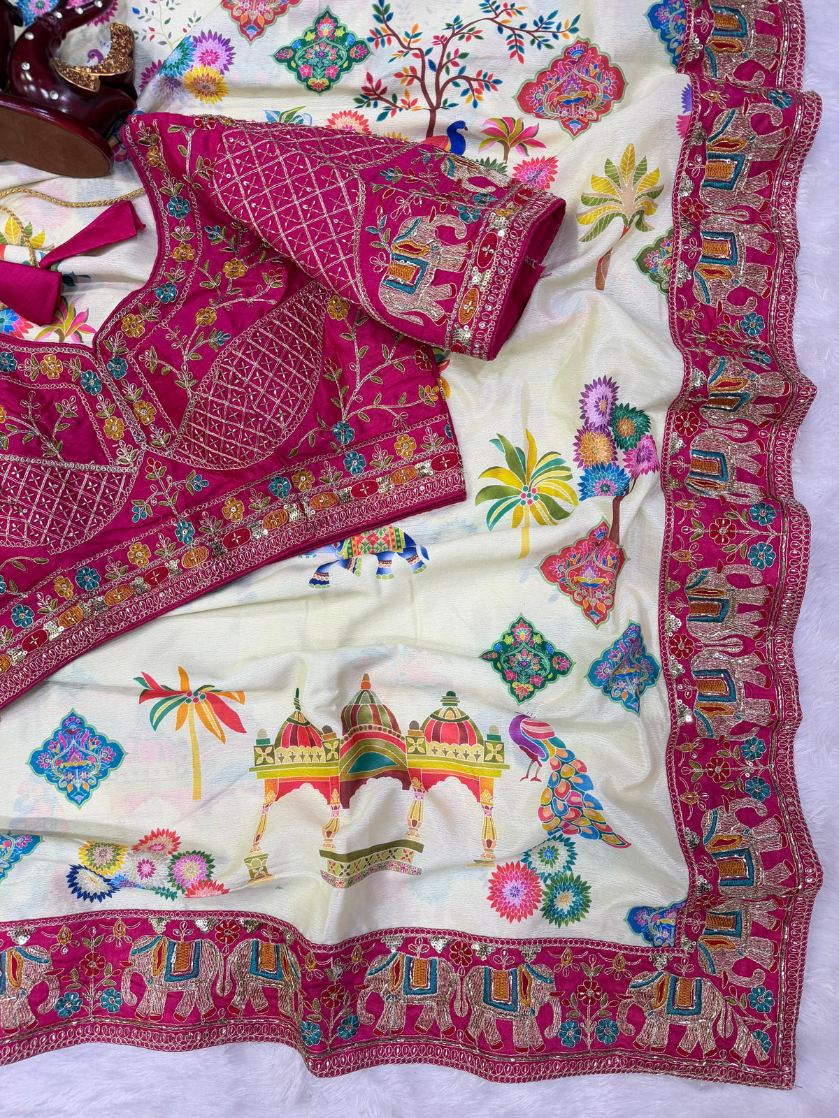 Printed Chinnon Silk Saree with Sequins Embroidery & Banglori Blouse