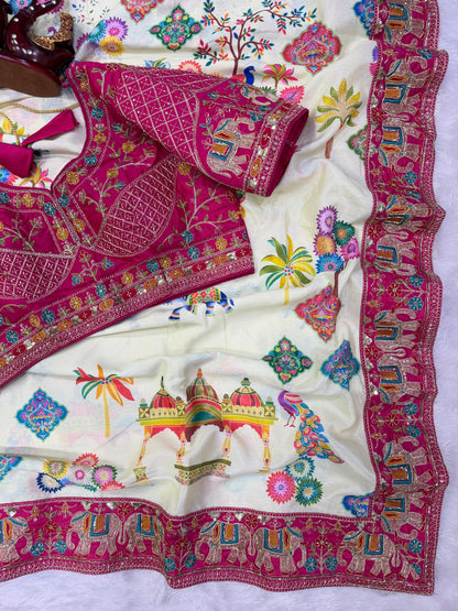 Printed Chinnon Silk Saree with Sequins Embroidery & Banglori Blouse