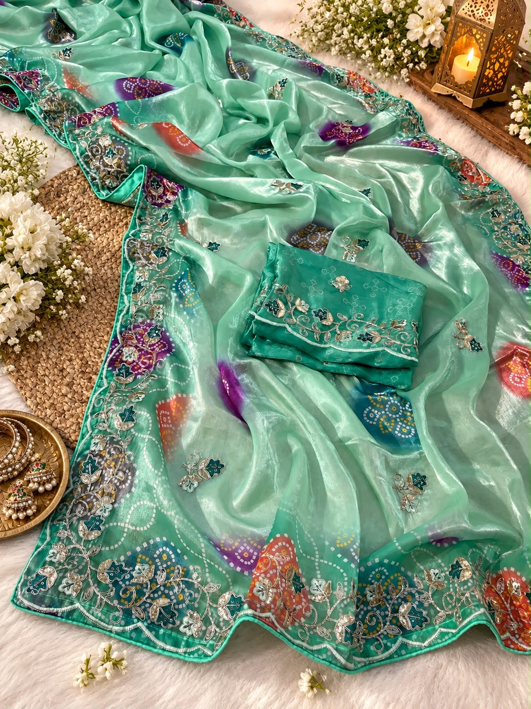 Soft Shine Space Silk Saree with Bandhej Print, C-Pallu Gotafoil Work & Butti