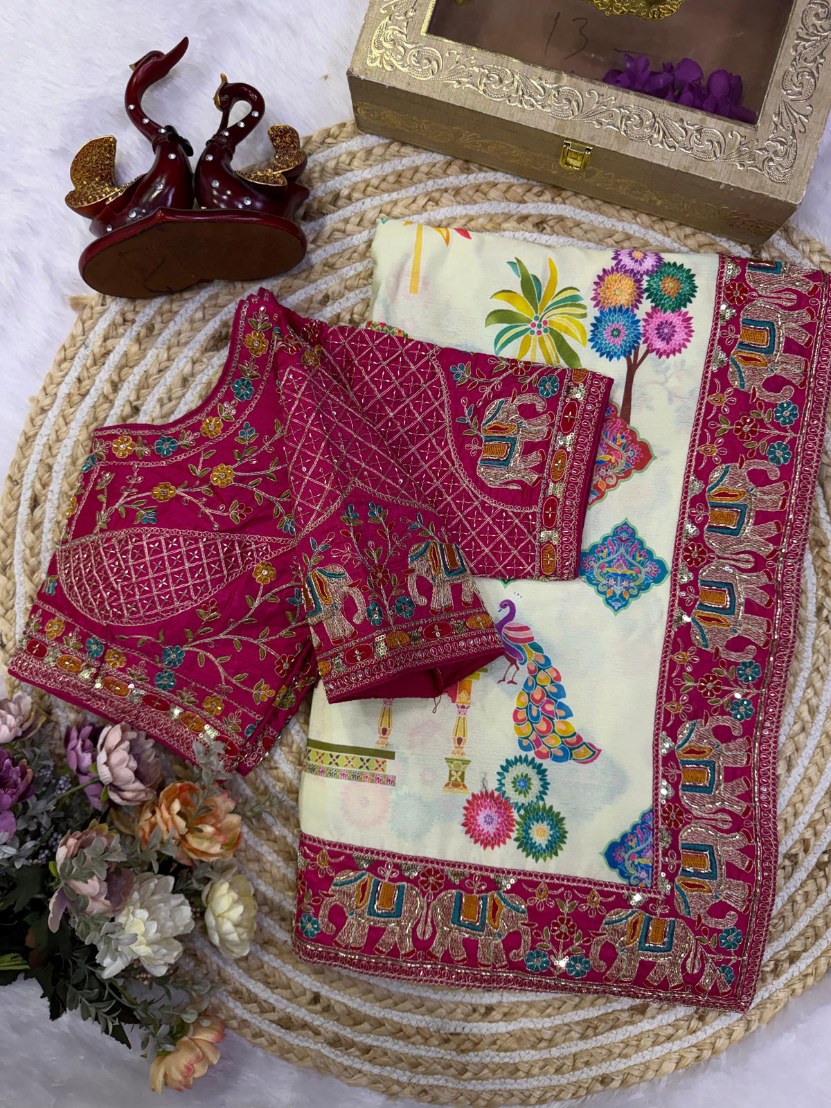 Printed Chinnon Silk Saree with Sequins Embroidery & Banglori Blouse