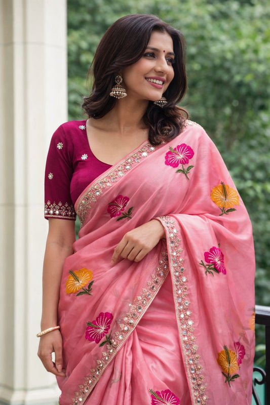 Soft Rangoli Silk Saree with Floral Embroidery & Mirror Work Border