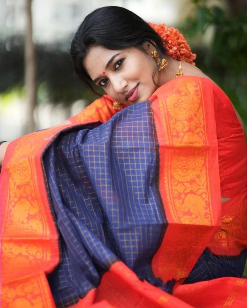Navy Blue Cotton Saree with Red Traditional Border