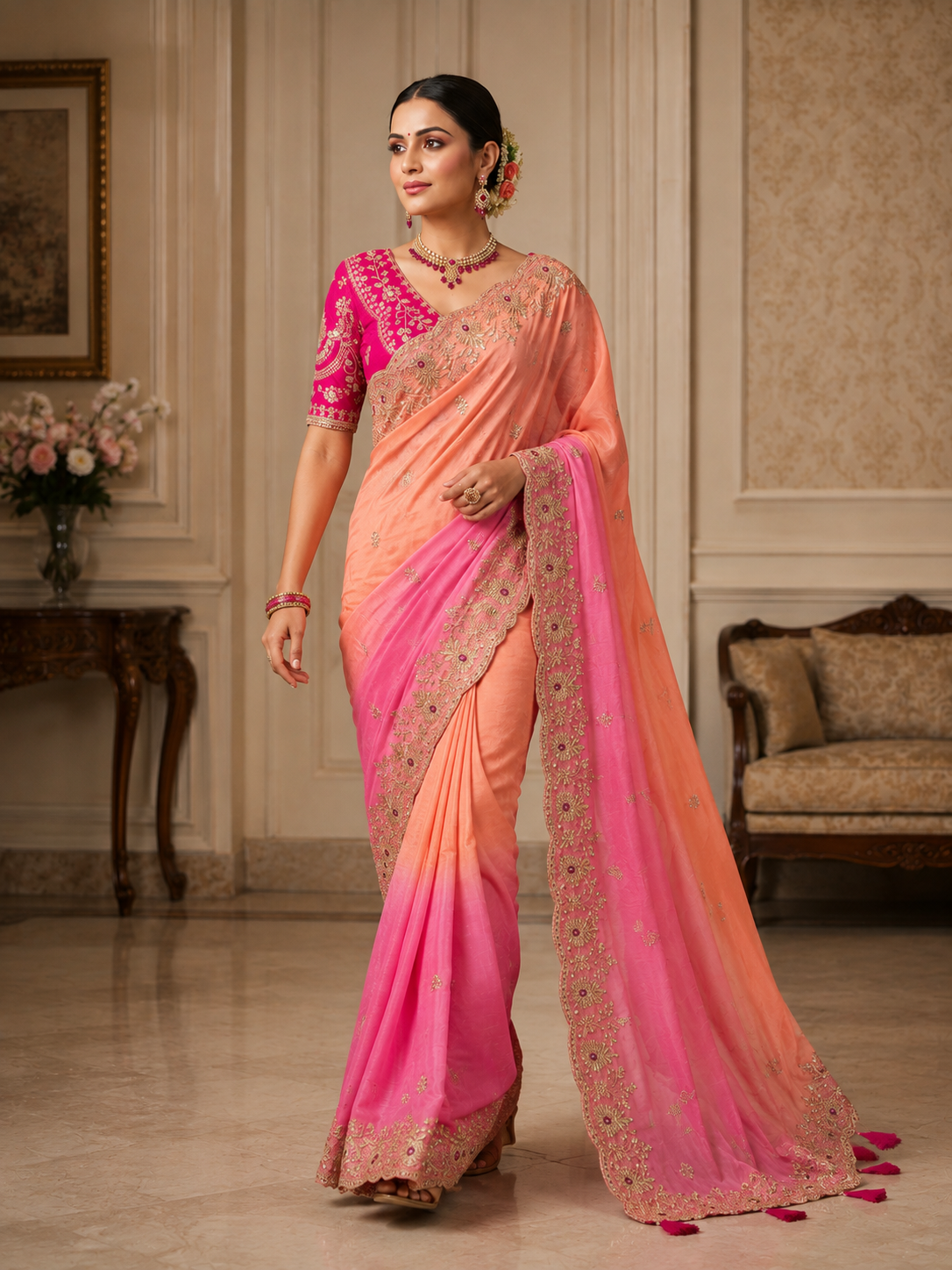 Soft Space Silk Shaded Saree with Hand Mina, Sequins & Zari Embroidery | Full Stitch Blouse