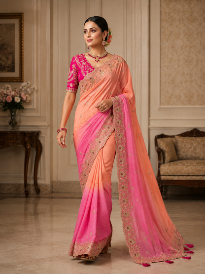 Soft Space Silk Shaded Saree with Hand Mina, Sequins & Zari Embroidery | Full Stitch Blouse