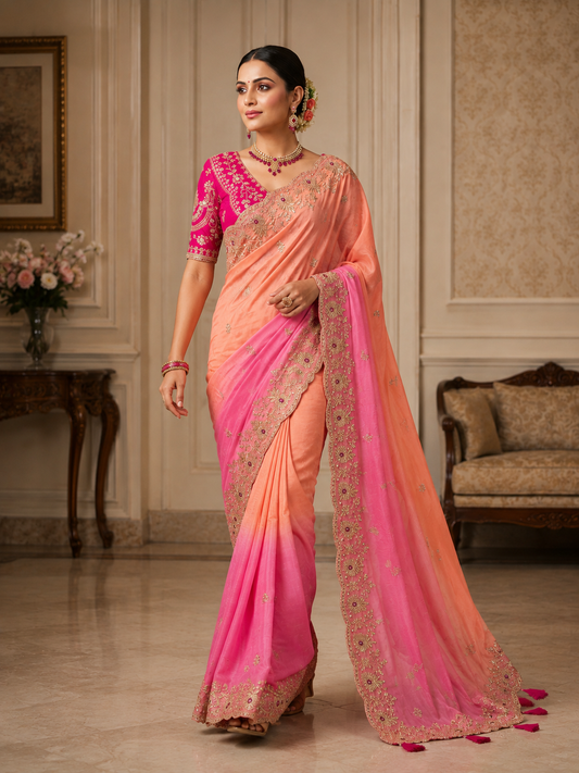 Soft Space Silk Shaded Saree with Hand Mina, Sequins & Zari Embroidery | Full Stitch Blouse