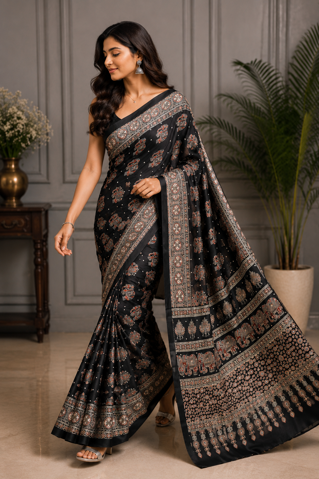 Elegant Ajrakh Pure Gajji Bandhej Soft Silk Saree With Mirror Work