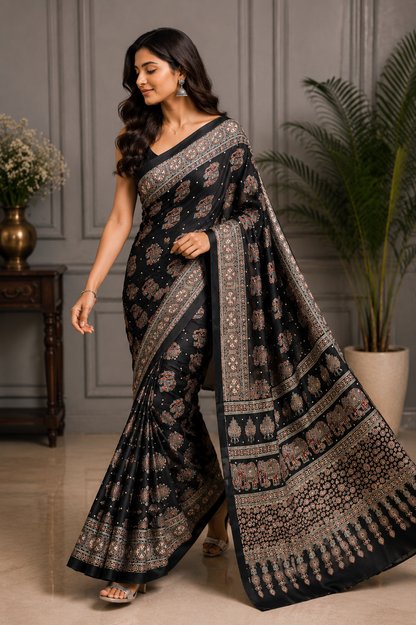 Elegant Ajrakh Pure Gajji Bandhej Soft Silk Saree With Mirror Work