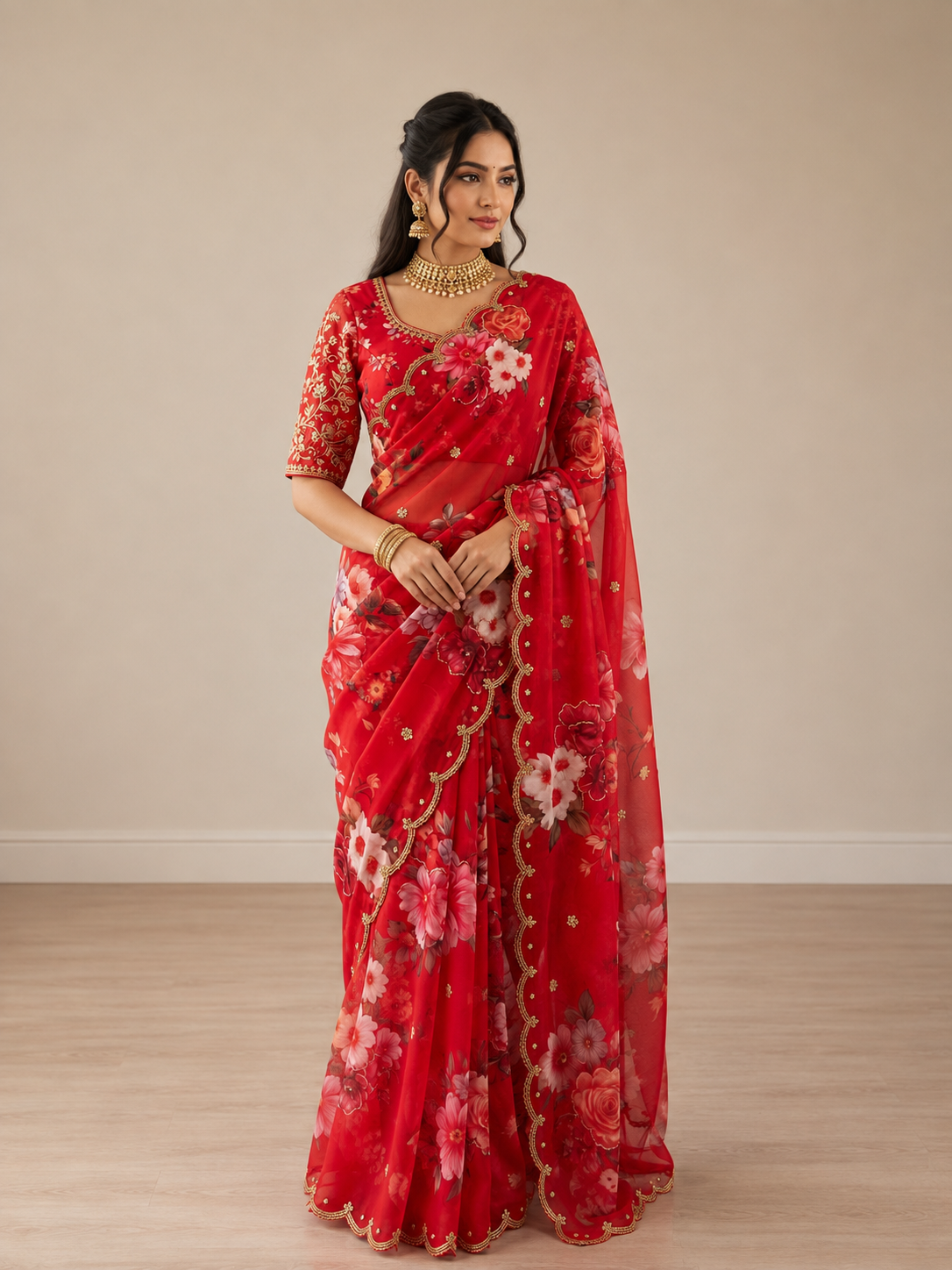 Guldasta Pure Georgette Silk Saree with Digital Floral Print & Cutdana Work