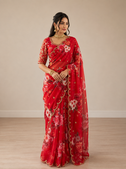 Guldasta Pure Georgette Silk Saree with Digital Floral Print & Cutdana Work