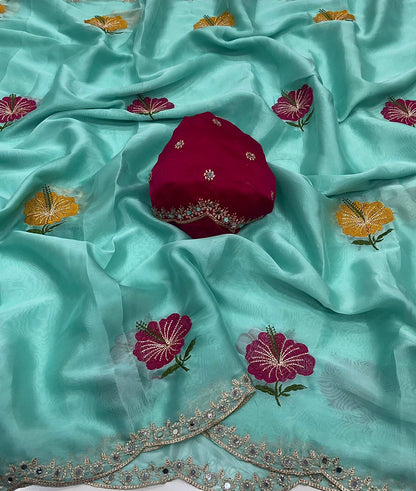 Soft Rangoli Silk Saree with Floral Embroidery & Mirror Work Border