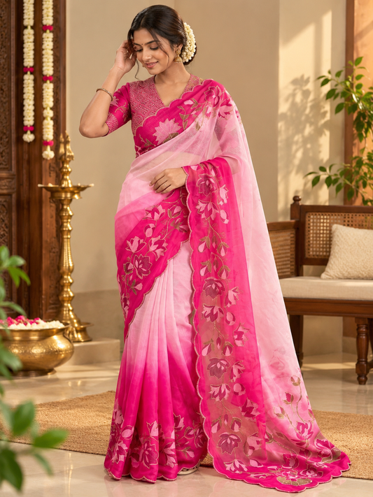Designer Soft Georgette Silk Saree with Digital Floral Print & Katdana Handwork
