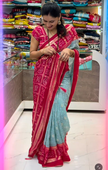 Dull Moss Foil Print Saree with Piping Border & Matching Blouse