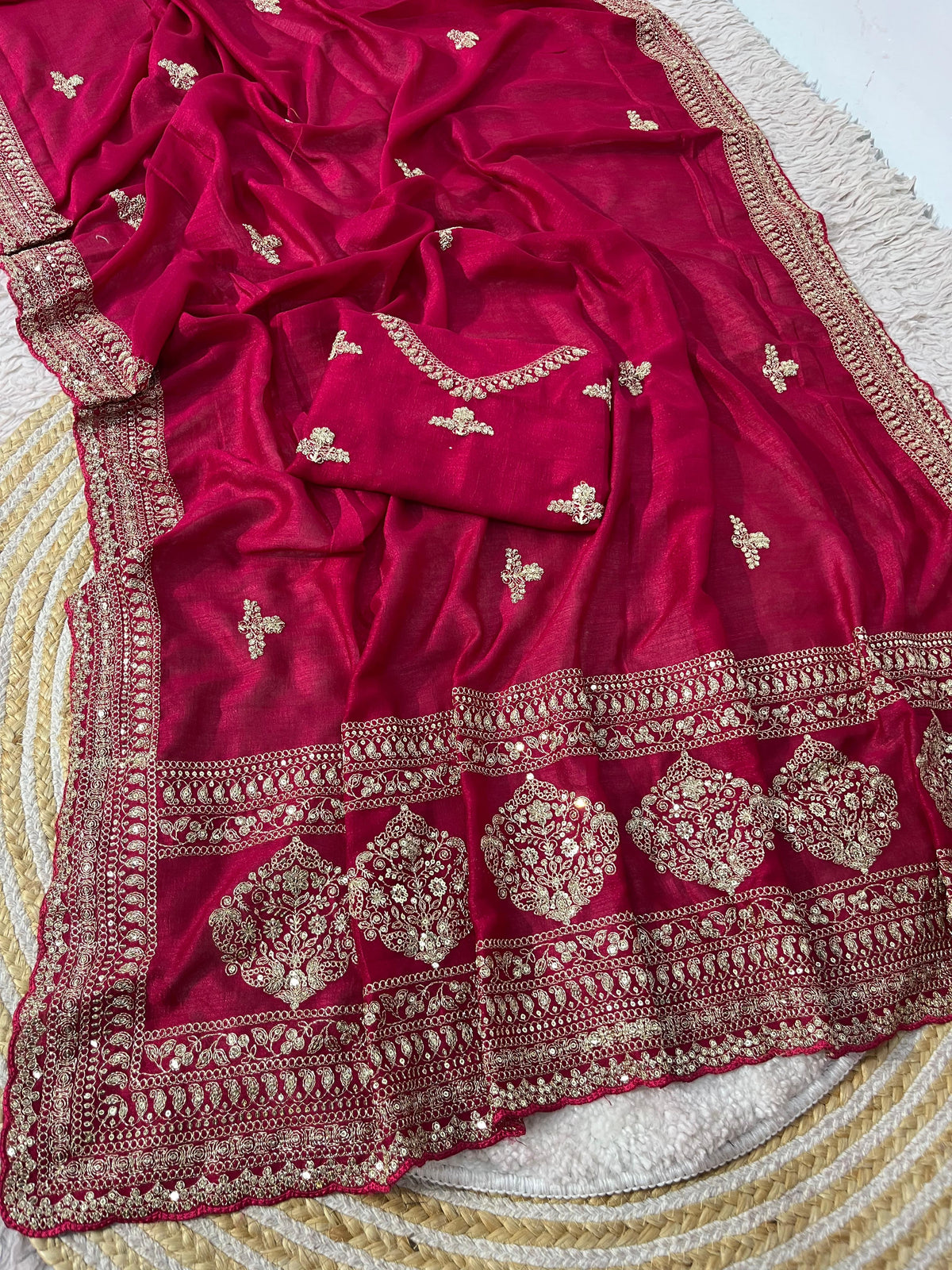 Premium Vichitra Silk Saree with Heavy Zari Sequins Work, Butti & Cutwork Border