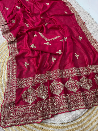 Premium Vichitra Silk Saree with Heavy Zari Sequins Work, Butti & Cutwork Border