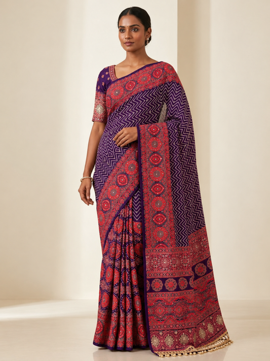 Pure Arjakh Satin Viscose Silk Saree with Original Mirror Work, Designer Print & Blouse