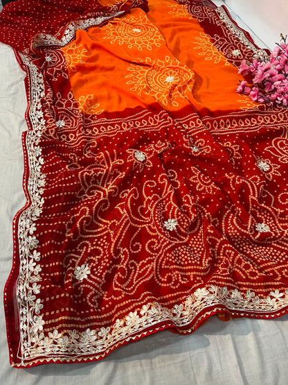 Premium Bandhani Peliya Saree with Heavy Multi Coding C-Pallu Work | Designer Party Wear Saree