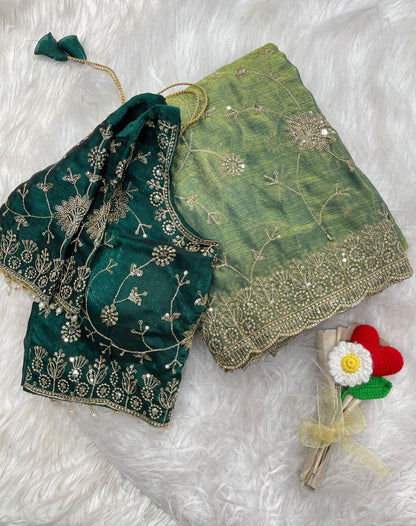Adhya Fendy Chiffon Two Tone Saree with Embroidery, 3mm Sequence Jari Work & Fully Stitched Blouse | 6 Colors