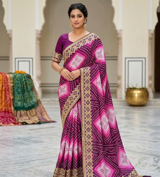 Designer Bandhej Print Saree with Rich Zari Border & Tassel Pallu – Festive Collection