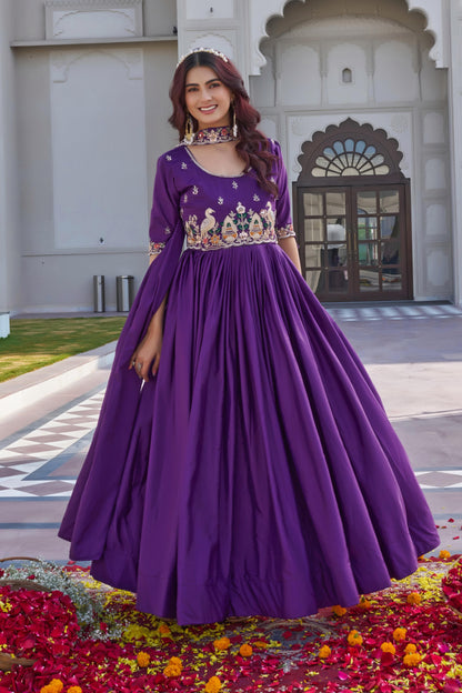 Festival Wear Embroidered Long Gown With Dupatta