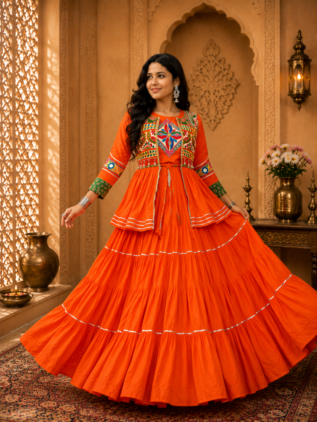 Navratri Gamthi Work Cotton Lehenga Choli with Koti | 9 Meter Flair Mirror Work | Women's Garba Dress