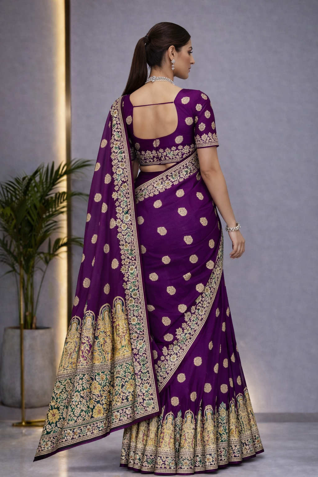 Pure Silk Meenakari Foil Print Designer Saree With Contrast Blouse