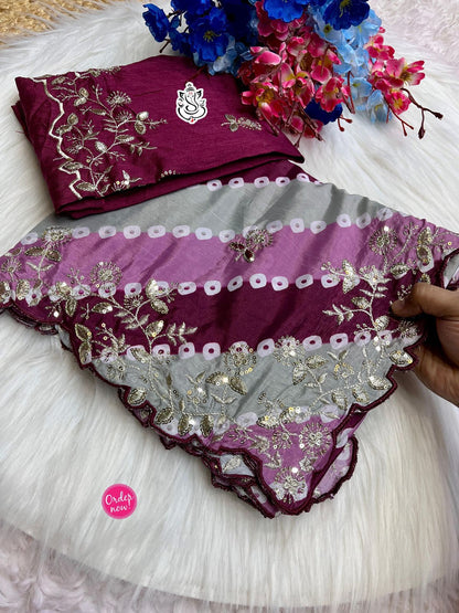 Designer Bandhej Print Silk Saree with Heavy Embroidered Floral Border