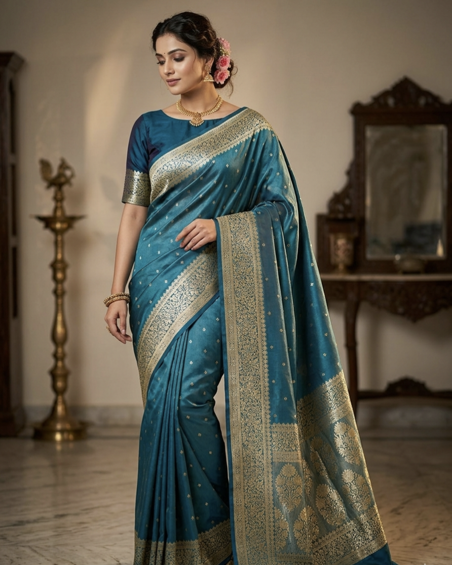 Royal Banarasi Glass Satin Silk Saree with Elegant Zari Woven Border